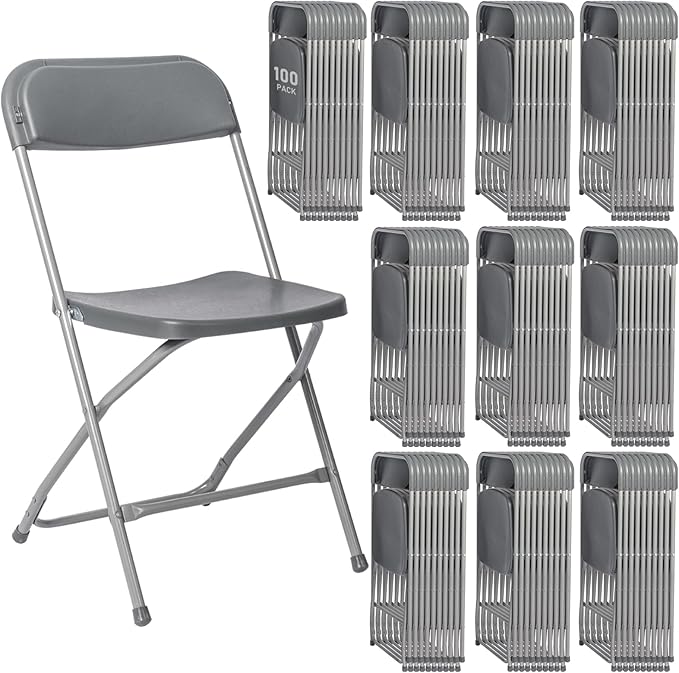 100 Pack Plastic Grey Folding Chairs,Portable Party Chairs Stackable Commercial Seats with Steel Frame for Office Home Outdoor Indoor Wedding Party Patio Dinning Events,350lbs Capacity