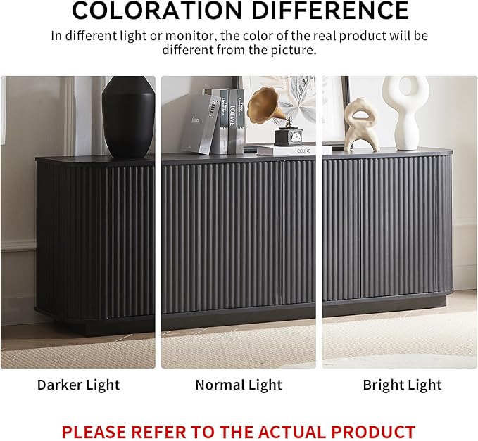 LKTART 64" Sideboard Buffet Cabinet with Storage, Wooden Fluted Storage Cabinet Sideboard Credenza with Adjustable Shelves Pressed Spring for Kitchen Living Room (Black Gray)