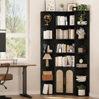 74" Tall Corner Bookshelf with 2 Arched Rattan Doors, 6-Tire L Shaped Bookcase with 16 Open Storage Shelves, Boho Large Corner Shelf with Cabinet for Living Room, Home Office