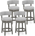 COSTWAY Bar Stool Set of 4, 27-inch 360° Swivel Barstool with Upholstered Back & Seat, Solid Rubber Wood Legs & Footrest, Farmhouse Counter Height Chair for Home, Bar, Cafe, Grey (4, Seat height 27‘’)