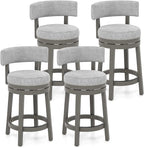 COSTWAY Bar Stool Set of 4, 27-inch 360° Swivel Barstool with Upholstered Back & Seat, Solid Rubber Wood Legs & Footrest, Farmhouse Counter Height Chair for Home, Bar, Cafe, Grey (4, Seat height 27‘’)