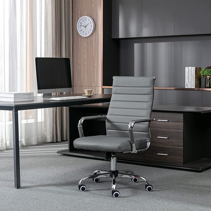 Home Office Chair Ribbed, Modern Leather Conference Room Chairs, Ergonomic Office Desk Chair, High Back Executive Computer Chair, Adjustable Swivel Chair with Arms (Grey)