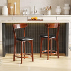 COSTWAY Bar Stool Set of 2, 23.5'' Counter Height Barstools w/Curved Backrest, Faux Leather Cushion & Rubber Wood Frame, Mid Century Modern Island Chairs for Kitchen Bar Cafe, Walnut
