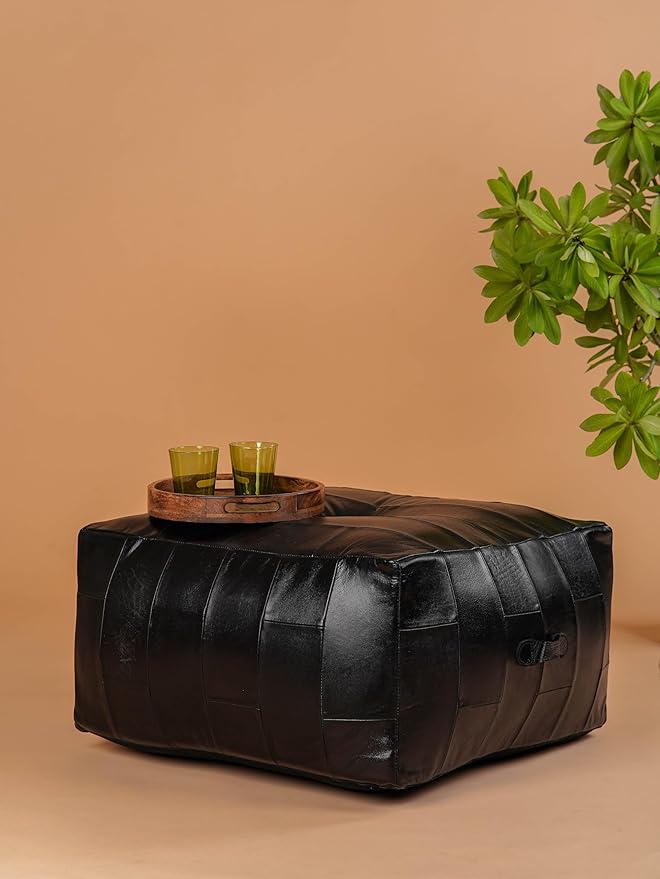 Handmade Eco-Friendly Geometric Leather Pouf Black Color Square 26" x 26" x 14" Buffalo Leather Pouf for Living Room, Bedroom Seating, Patio