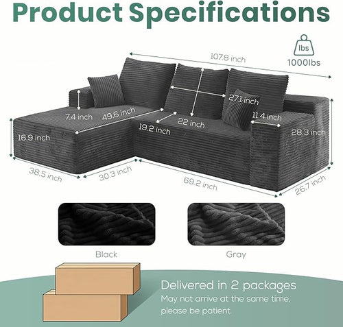 107" Boneless Couches for Living Room, Modular Cloud Sectional Couches L Shaped Sofa with Oversized Chaise Comfy Corduroy Home Sofa (Grey, Left Facing Chaise)