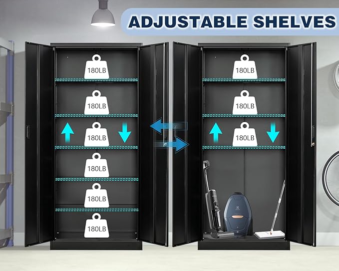 BESFUR 71" H Metal Storage Cabinet with 5 Adjustable Shelves and Lockable Doors, Locking Cabinet for Garage, Classroom and Office - Black