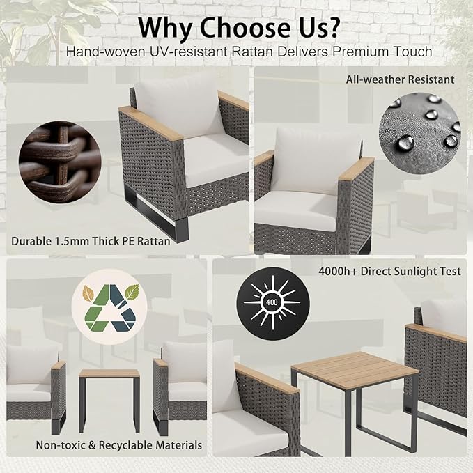 Ypati 3-Piece Handwoven Rattan Patio Conversation Set, Aluminum Frame with All Weather Coating, for Porch, Balcony, Garden, 2 Comfortable Chairs with Coffee Table, Black & White, Designed by Eureka