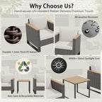 Ypati 3-Piece Handwoven Rattan Patio Conversation Set, Aluminum Frame with All Weather Coating, for Porch, Balcony, Garden, 2 Comfortable Chairs with Coffee Table, Black & White, Designed by Eureka