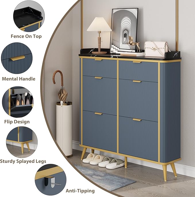 Fluted Shoe Storage Cabinet with 4 Flip Drawers & 2 Drawers, Freestanding Hidden Shoe Organizer with Adjustable Shelves, Wood Narrow Shoe Rack Cabinet for Entryway, Foyer, Hallway, Navy Blue