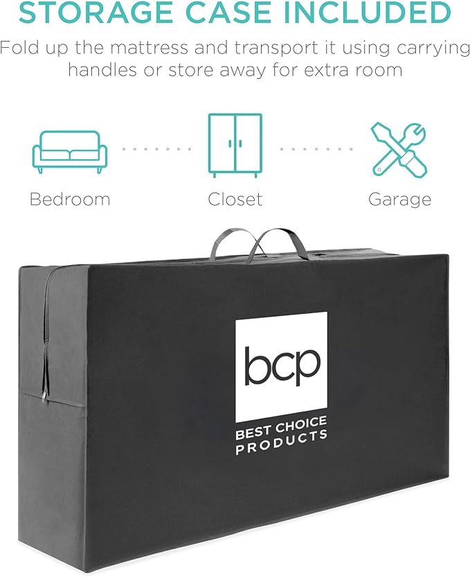 Best Choice Products 4in Portable Queen-Size Mattress, Tri-Fold Mattress for Camping, Guest, Toddler, Foam Plush w/Carry Case - Onyx Black