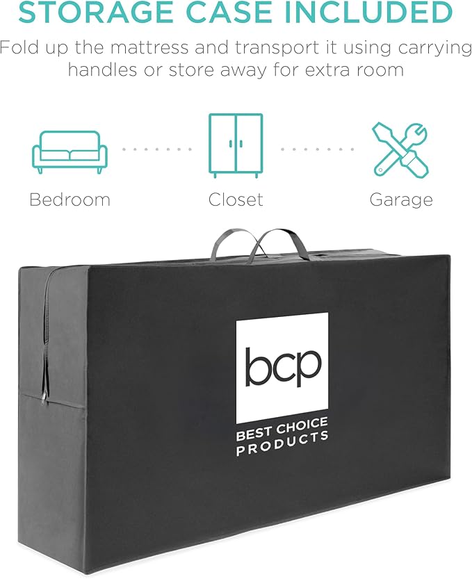 Best Choice Products 4in Portable Full-Size Mattress, Tri-Fold Mattress for Camping, Guest, Toddler, Foam Plush w/Carry Case - Midnight Blue
