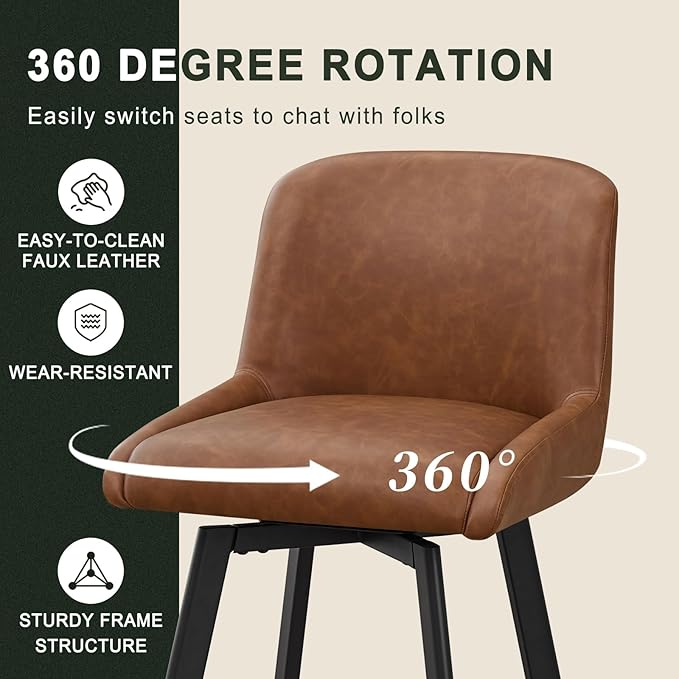 Swivel Bar Stools Set of 3, 30''H Upholstered Barstools with Backs, Modern Counter Height Bar Stool Chairs for Kitchen Island, Metal Legs, Faux Leather, Brown Counter Stools