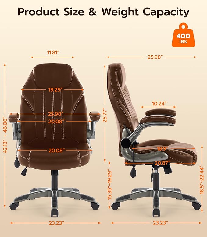 Office Desk Chair, Ergonomic Computer Chair with Padded Flip-Up Arms and Adjustable Lumbar Support, PU Leather Executive Chair with Tilt Lock and 360° Swivel Rolling Wheels for Work, Study