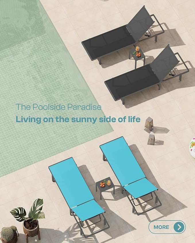 Pool Lounge Chairs Set of 2，Outdoor Lounge Chairs with Wheels and 5-Position Recliner -Easy to Move- Aluminum Patio Lounge Chair for Poolside, Deck (Black)