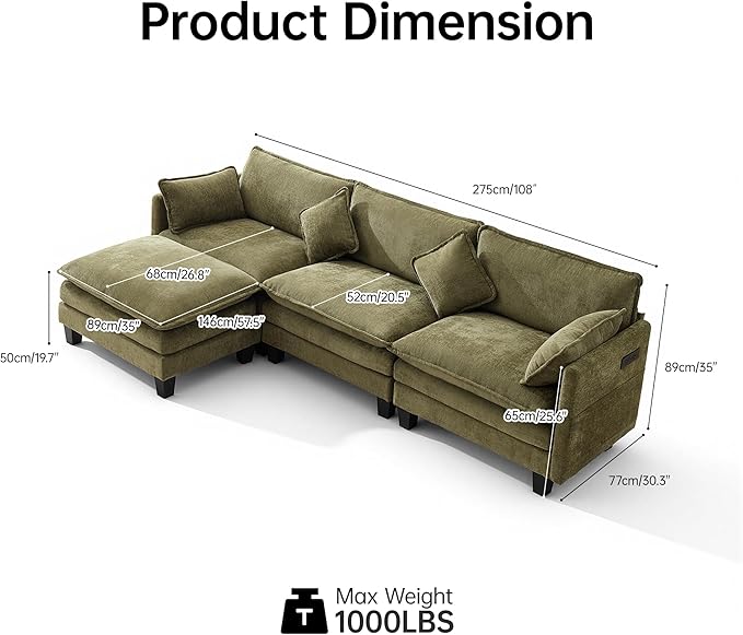 108" Modular Sectional Couches for Living Room with Ottoman, L Shaped Cloud Couch with Charger, USB & Type-c Port, Comfy 4 Seats Sofas with Deep Seat, Chenille Fabric, Green