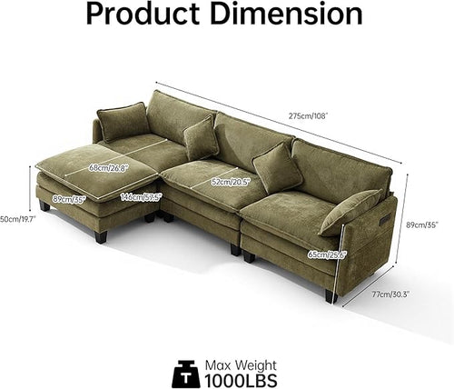 108" Modular Sectional Couches for Living Room with Ottoman, L Shaped Cloud Couch with Charger, USB & Type-c Port, Comfy 4 Seats Sofas with Deep Seat, Chenille Fabric, Green