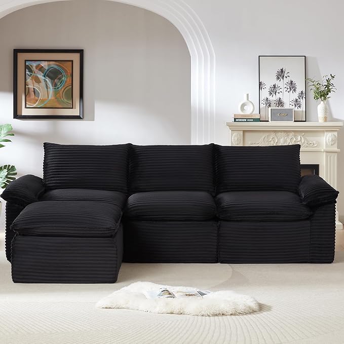 113.03" Sectional Couches for Living Room Modern Modular Sofa with L-Shape Couchs Upholstered Corduroy Boneless Couch Deep Seat Cloud Couch with Ottoman, No Assembly Required, Black