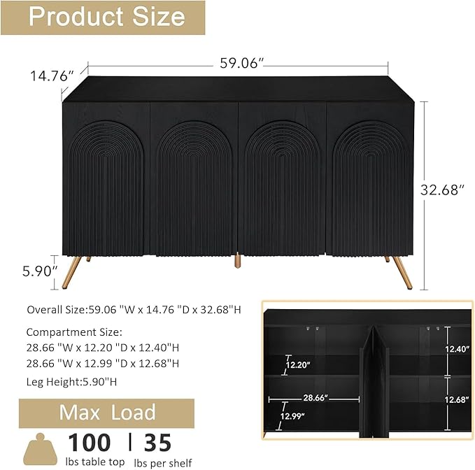 Sideboard Buffet Cabinet with Adjustable Shelves, Modern Storage Cabinet with Arched 3D Carved Wood Doors, Credenza Accent Cabinet for Living Room, Dining Room, Entryway (59" Arched Black, 1)