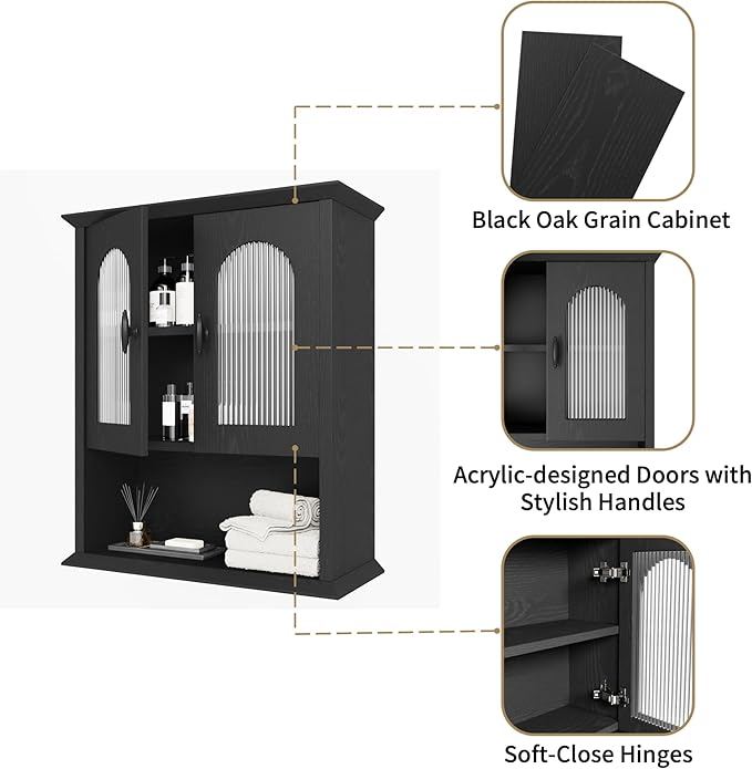 CJL Bathroom Wall Cabinet with Fluted Door, 18.9'' x 23.6'' Medicine Cabinet, Over The Toilet Storage Cabinet, Black