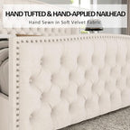 AMERLIFE Queen Size Platform Bed Frame, Velvet Upholstered Bed with Deep Button Tufted & Nailhead Trim Wingback Headboard/No Box Spring Needed/Cream