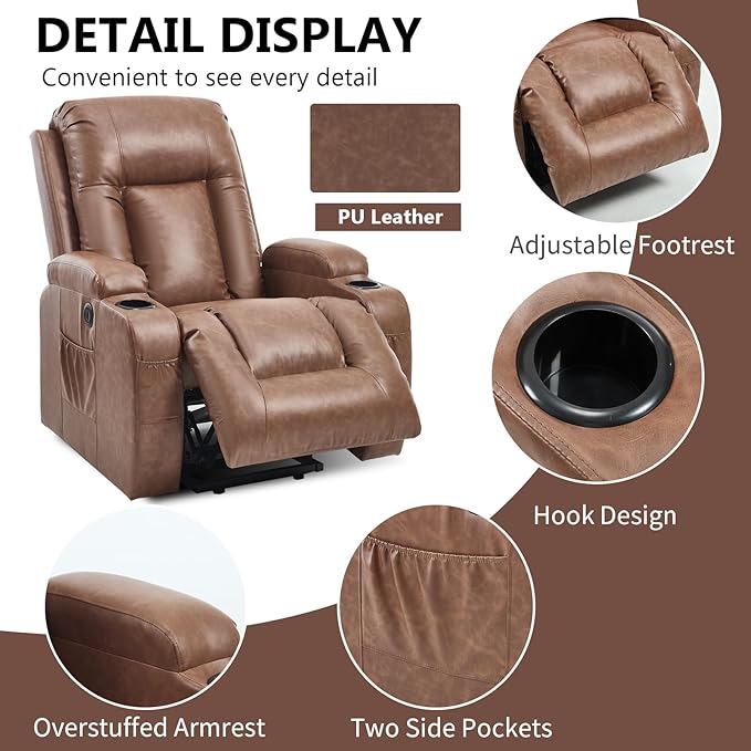 PELUMY Manual Lift Recliner Chair for Elderly with Massage & Heat, Oversized Heavy Duty 350 lbs Recliner with Cup Holders & USB Ports, Infinite Positioning Lift Chair (Breathable Leather, Brown)