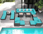 NICESOUL 18 Piece Outside Patio Set with Firepit and Loungers, Luxury Huge Complete Outdoor Sectional Sets with Fire Pit Table, 14-Seater Wide Deep Seated Sofa Modular for Deck,Poolside Gray&Turquoise