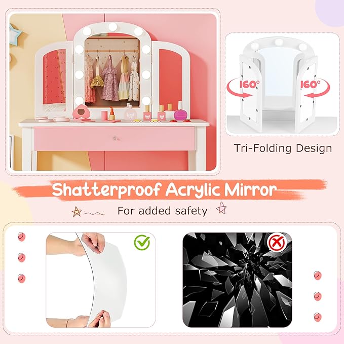 Costzon Kids Vanity, Girls Vanity Set with Mirror and Stool and Lights, Storage Drawer, Princess Toddler Makeup Vanity Desk Dressing Table, Wooden Kids Vanity Table and Chair Set (White)