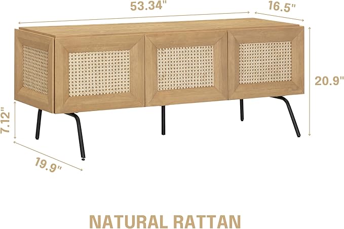 NTC Mossic TV Media Cabinet with 3 Doors for TVs, Entertainment Center with Natural Rattan, Metal Legs, Modern Storage Console for Living Room and Bedroom, Effortless Assembly, Sand