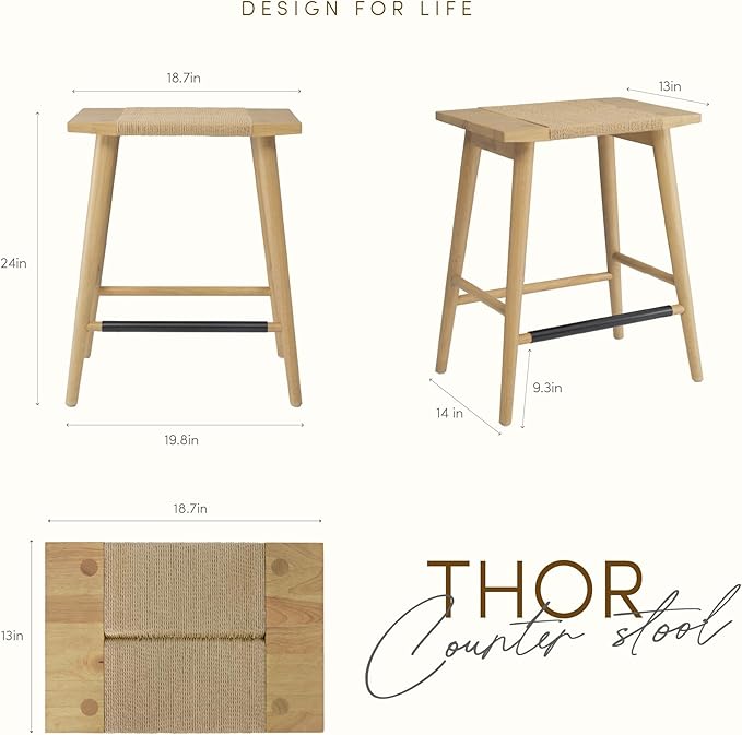 Thor Wicker Premium Solid Wood Counter Stool 24", Backless Counter Height Seating with Hand-Knitted Rope, Eco-Friendly Modern Design (Light Oak)