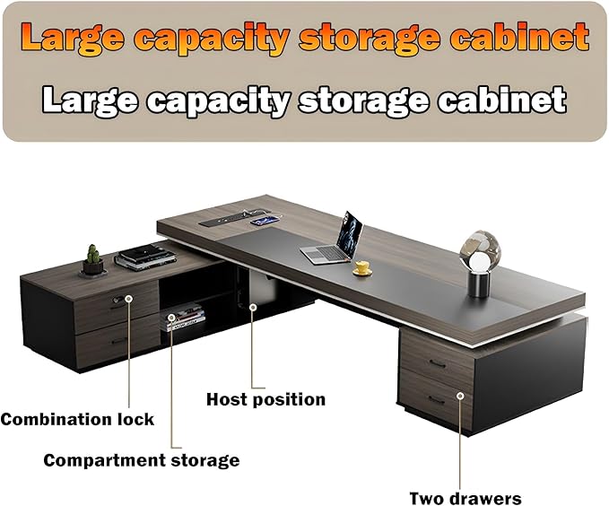 Modern Large Desk, Modern L-shaped Desk With Side Cabinets, Executive Desk With Combination Lock Drawer, Business Furniture Desk With Simple Cable Management (chair Not Included)(63x29.5x86.6inch)