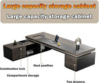 Modern Large Desk, Modern L-shaped Desk With Side Cabinets, Executive Desk With Combination Lock Drawer, Business Furniture Desk With Simple Cable Management (chair Not Included)(63x29.5x110inch)