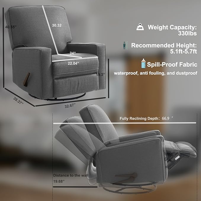 Harkawon Swivel Rocker Recliner Chair, Glider Rocker Recliner, Rocking Chair Nursery, Fabric Chair with High Back, Deep Seat, for Living Room, Bedroom (Dark Grey+Brown)