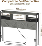 Queen Size Headboard with Drawers, Outlets & USB Ports,Sturdy Wood Bed Frame with Adjustable Height, Built-in LED Lighting (Grey, Queen 59 * 7.08 * 45.7)