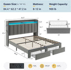 Allewie Velvet Vertical Tufted Queen Upholstered Platform Bed Frame with 2-Tier LED Storage Headboard & 2 Storage Drawers, USB & Type-C Charging Ports, Noise-Free/No Box Spring Needed, Grey