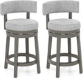 COSTWAY Bar Stool Set of 2, 27-inch 360° Swivel Barstool with Upholstered Back & Seat, Solid Rubber Wood Legs & Footrest, Farmhouse Counter Height Chair for Home, Bar, Cafe, Grey (2, Seat height 27‘’)