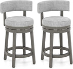 COSTWAY Bar Stool Set of 2, 27-inch 360° Swivel Barstool with Upholstered Back & Seat, Solid Rubber Wood Legs & Footrest, Farmhouse Counter Height Chair for Home, Bar, Cafe, Grey (2, Seat height 27‘’)