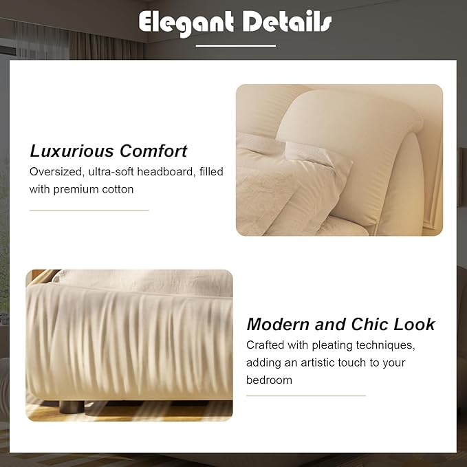 King Size Upholstered Platform Bed with Oversized Padded Backrest and Solid Wood Frame for Bedroom, Apartment Room, Beige