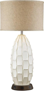 Possini Euro Design Cosgrove Mid Century Modern Coastal Table Lamp with USB and AC Power Outlet Workstation Charging Base Oval 32.75" Tall White Ceramic Beige Fabric Drum Shade for Living Room