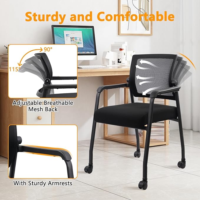 4PK Office Guest Chairs No Wheels | Ergonomic Lumbar Support and Thicked Seats Cushion, Desk Chair with Adjustable Mesh Back for Waiting Room School Church Reception，Black