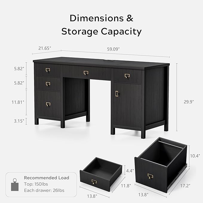 59" Executive Desk with File Drawers Cabinet, Modern Computer Desk with Charging Station, Keyboard Tray, Large Home Office Desk, Farmhouse Wood Desk for Study, Writing, Black