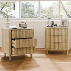 Fluted Nightstand Set of 2, Multifunctional 3 Drawers Storage Bedside Table with Charging Station, Wood Modern Nightstand, Curved Profile Design, End Table for Indoor Room Bedroom, Oak