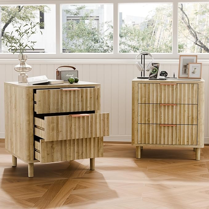 Fluted Nightstand Set of 2, Multifunctional 3 Drawers Storage Bedside Table with Charging Station, Wood Modern Nightstand, Curved Profile Design, End Table for Indoor Room Bedroom, Oak