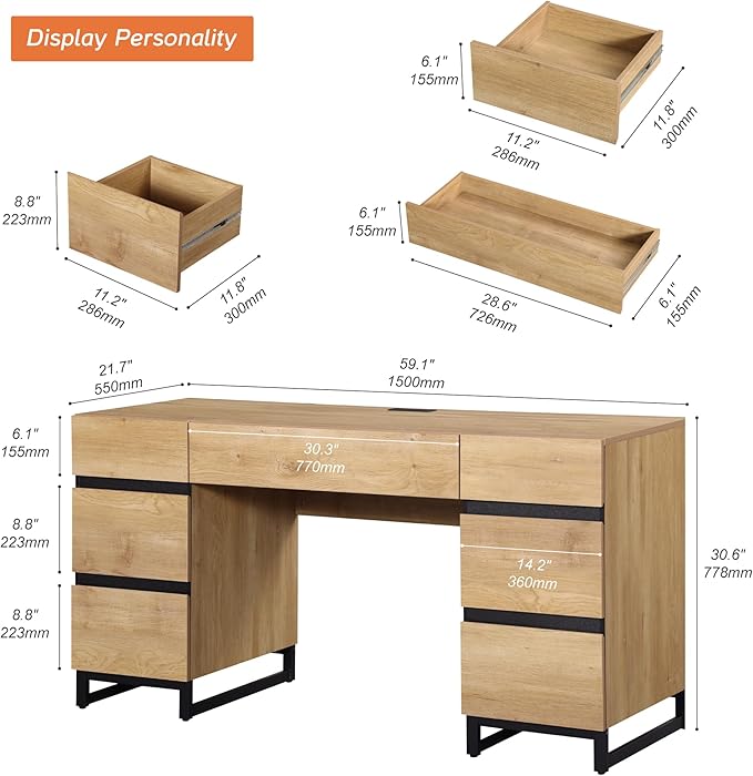 WAMPAT 59" Modern Executive Desk with Drawers, Wood Computer Writing Desk with Charging Station, Office Desk with File Drawer, Study Table for Bedroom, Living Room, Home Office, Oak