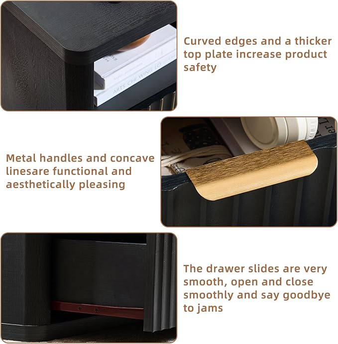 LEYAOYAO 31" Wide Fluted Nightstand with Charging Station, Oversized Extra Large 2 Drawers Night Stand,Black Wood Bedside Table,Tall Bed Side End Tables,Modern Chest of Drawers Dressers for Bedroom