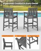 Adirondack Bar Chair Set of 2, HDPE Tall Adirondack Chairs Bar Stools with Footrest, Outdoor Bar Height Stool Chair Set, HDPE Patio Barstools Set for Balcony, Porch, Deck, Pool, Smoke Gray