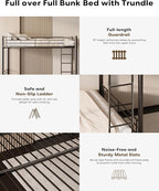 Full Over Full Bunk Bed with Trundle, Heavy Duty Metal Bed Frame with Full-Length Guardrails & Ladder, 3-in-1 Convertible Full Bunk Bed, Noise-Free, No Box Spring Needed, Black