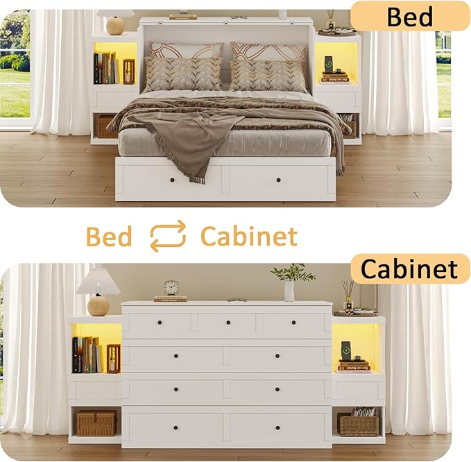 Full Size Murphy Bed with Bedside Tables,Full Size Foldable Cabinet Bed Frame with Charging Station & Drawer,Murphy Bed Chest with Adjustable LED Light for Bedroom,Guest Room,White