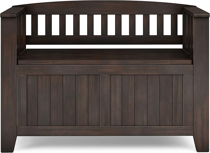 SIMPLIHOME Acadian Entryway Storage Bench - 36 inch Wide Solid Wood Small Hallway Seat in Brunette Brown, Transitional Bench for Mudroom with Lift-Up Lid, 2 Compartments and Slatted Backrest