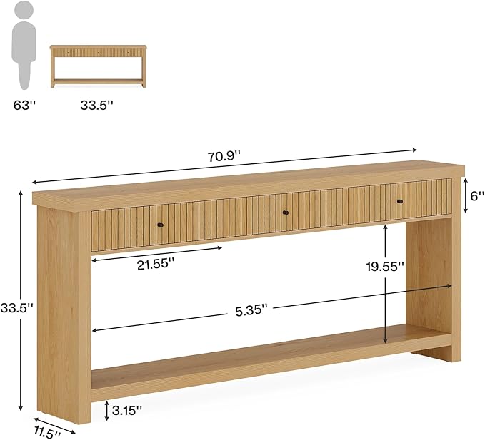 Tribesigns 70.9 inch Extra Long Entryway Table with 3 Drawers, Sofa Console Table with Open Storage Shelves, Oak Color Furniture, Wooden Couch Foyer Tables for Living Room Hallway Entrance