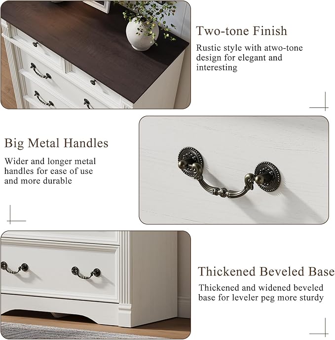 Yaamizz Farmhouse Dresser for Bedroom, 47" Tall 6 Drawer Dresser Storage with Wood Pilasters and Metal Handles, Vintage Design, Drawer Organizer for Bedroom, Hallway, White